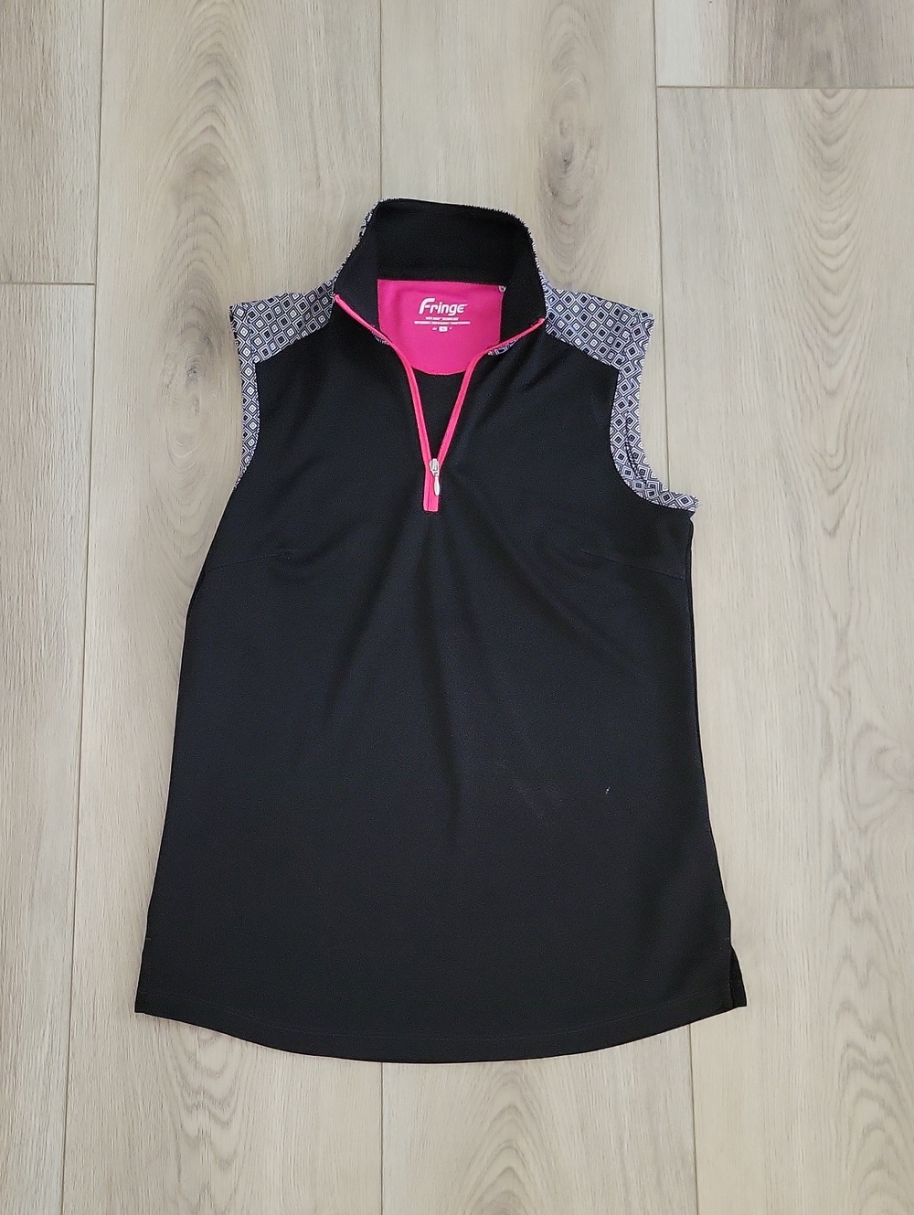 Fringe Studio Black Tank Top with Pink Trim and Patterned Shoulders